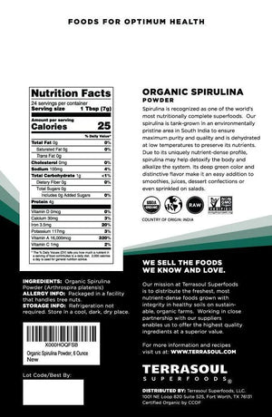 TERRASOUL SUPERFOODS - Terrasoul Superfoods Organic Spirulina Powder 6 Oz - The Red Vitamin MX - Suplementos Alimenticios - {{ shop.shopifyCountryName }}