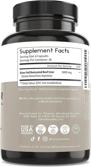 THOMAS ALL NATURAL REMEDIES - Thomas' all-natural Remedies Grass-fed Desiccated Beef Liver 180 Capsulas - The Red Vitamin MX - Suplementos Alimenticios - {{ shop.shopifyCountryName }}