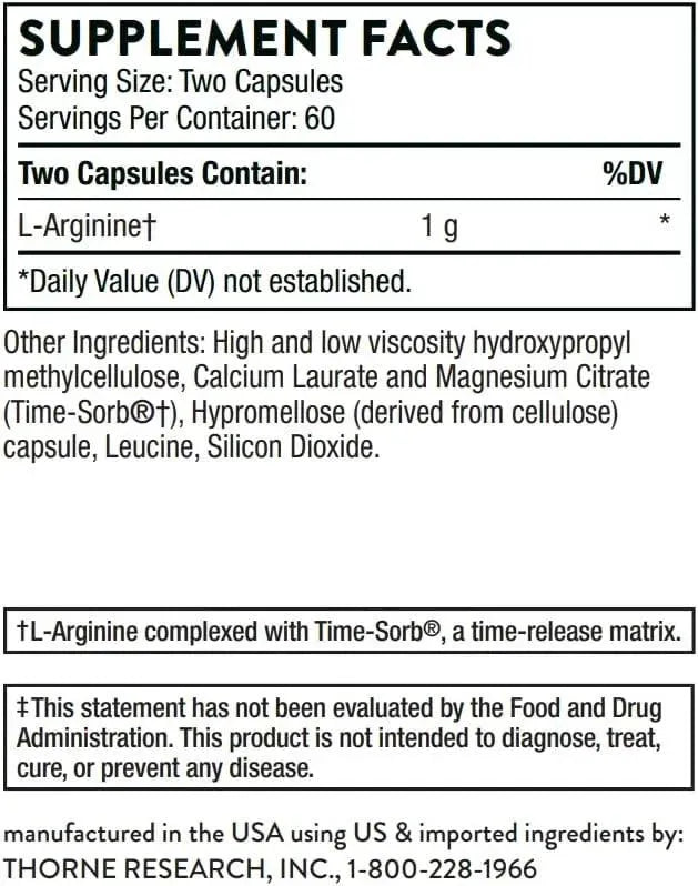 THORNE RESEARCH - THORNE L-Arginine Sustained Release 120 Capsulas - The Red Vitamin MX - Suplementos Alimenticios - {{ shop.shopifyCountryName }}
