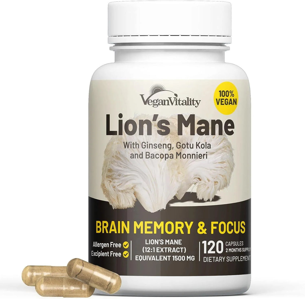 VEGAN VITALITY - Vegan Vitality Lions Mane Mushroom Supplement 120 Capsulas - The Red Vitamin MX - Suplementos Alimenticios - {{ shop.shopifyCountryName }}