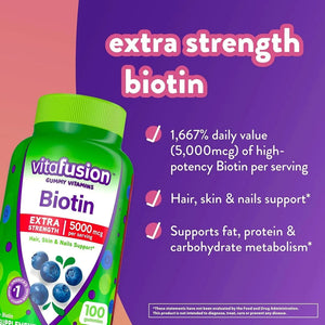 VITAFUSION - Vitafusion Extra Strength Biotin Gummy 5,000 mcg 100 Gomitas - The Red Vitamin MX - Suplementos Alimenticios - {{ shop.shopifyCountryName }}