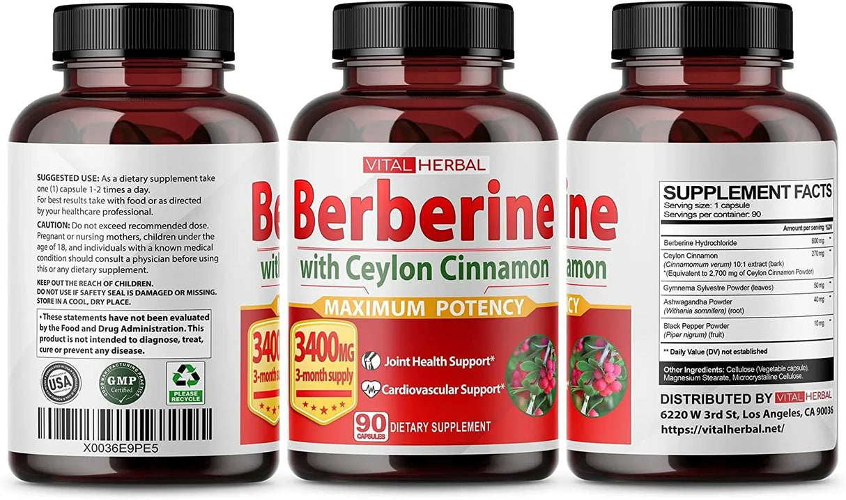 VITAL HERBAL - VITAL HERBAL Berberine with Ceylon Cinnamon 3400Mg. 90 Capsulas - The Red Vitamin MX - Suplementos Alimenticios - {{ shop.shopifyCountryName }}