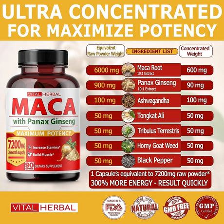 VITAL HERBAL - Vital Herbal Maca Root 7200Mg. 90 Capsulas - The Red Vitamin MX - Suplementos Alimenticios - {{ shop.shopifyCountryName }}