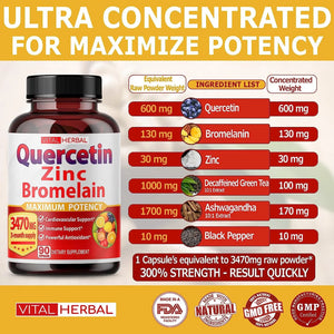 VITAL HERBAL - Vital Herbal Premium High Purity Quercetin 98% with Bromelain 3470Mg. 90 Capsulas - The Red Vitamin MX - Suplementos Alimenticios - {{ shop.shopifyCountryName }}