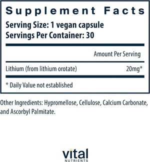 VITAL NUTRIENTS - Vital Nutrients Lithium Orotate 20Mg. 30 Capsulas - The Red Vitamin MX - Suplementos Alimenticios - {{ shop.shopifyCountryName }}