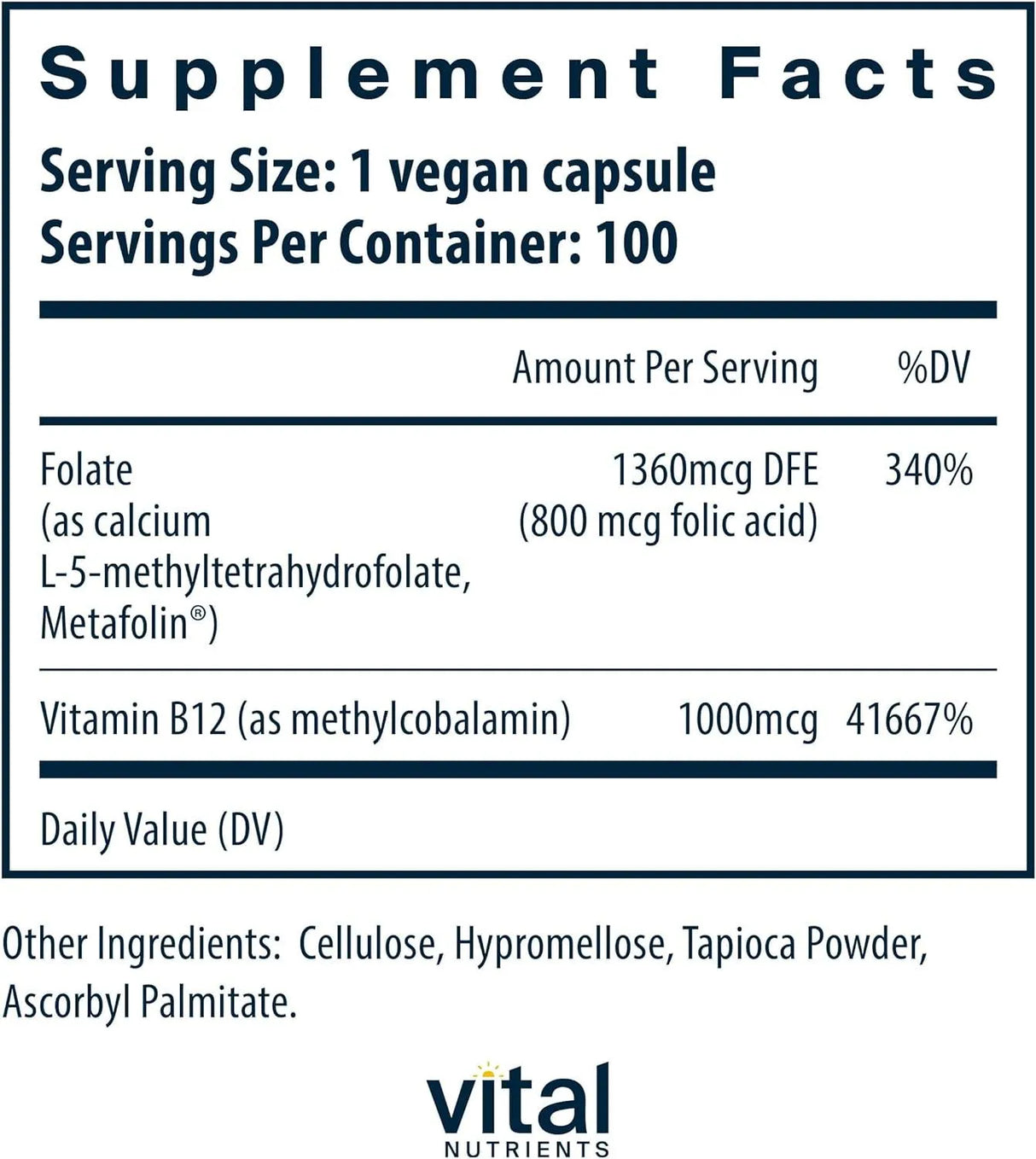 VITAL NUTRIENTS - Vital Nutrients Vitamin B12 and Methylfolate 100 Capsulas - The Red Vitamin MX - Suplementos Alimenticios - {{ shop.shopifyCountryName }}