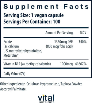 VITAL NUTRIENTS - Vital Nutrients Vitamin B12 and Methylfolate 100 Capsulas - The Red Vitamin MX - Suplementos Alimenticios - {{ shop.shopifyCountryName }}