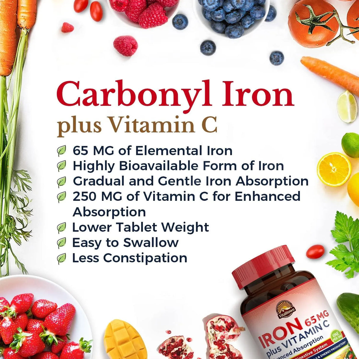 VITALITOWN - Vitalitown Iron 65Mg. Carbonyl Iron with 250Mg. Vitamin C 60 Tabletas - The Red Vitamin MX - Suplementos Alimenticios - {{ shop.shopifyCountryName }}