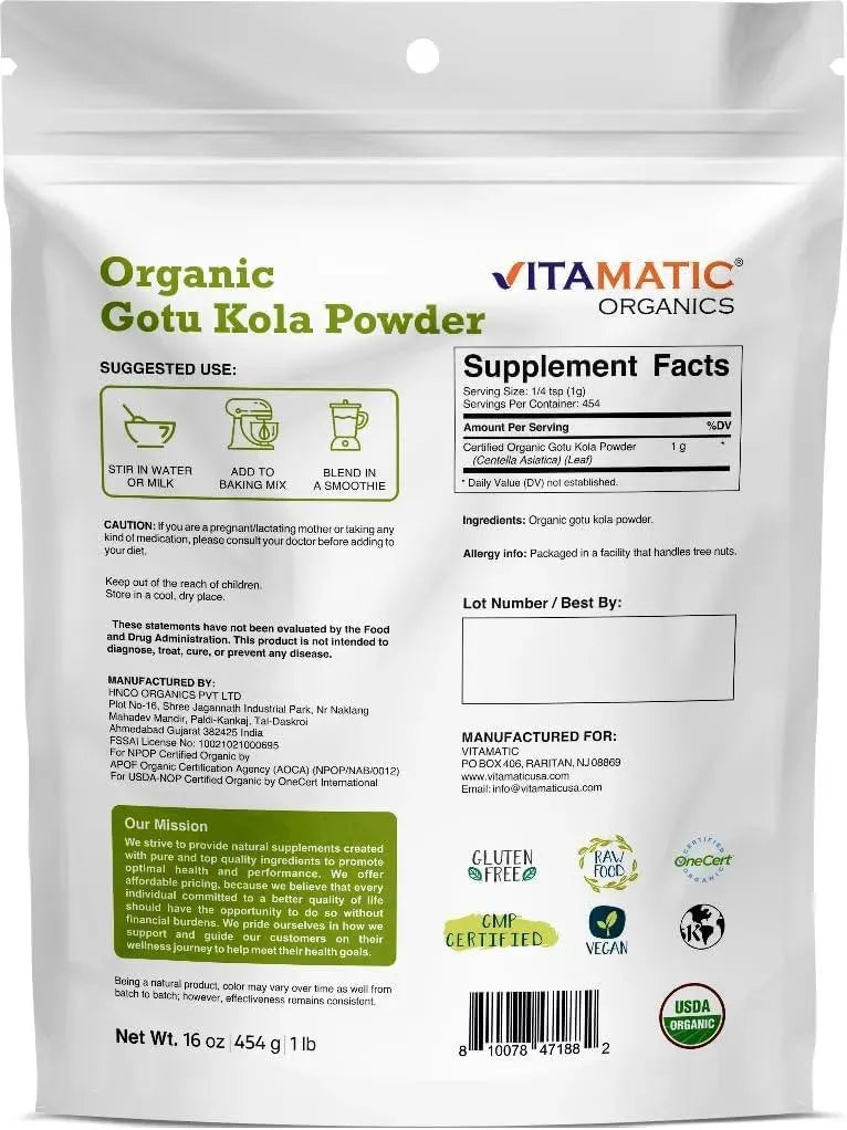 VITAMATIC - Vitamatic Certified USDA Organic Gotu Kola Powder 454Gr. - The Red Vitamin MX - Suplementos Alimenticios - {{ shop.shopifyCountryName }}