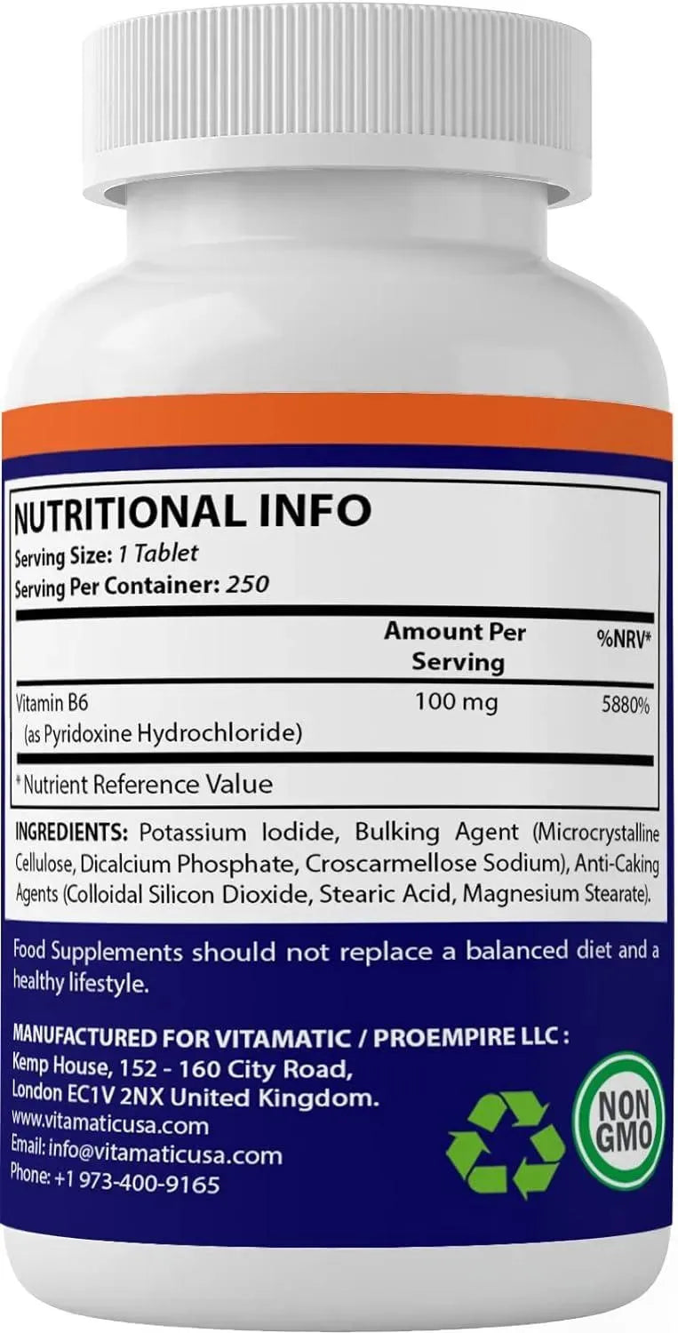 VITAMATIC - Vitamatic Vitamin B6 100Mg. 250 Tabletas - The Red Vitamin MX - Suplementos Alimenticios - {{ shop.shopifyCountryName }}