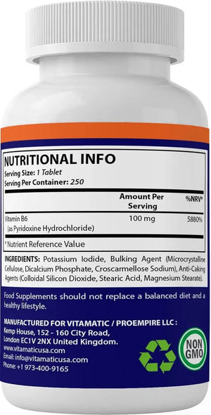 VITAMATIC - Vitamatic Vitamin B6 100Mg. 250 Tabletas - The Red Vitamin MX - Suplementos Alimenticios - {{ shop.shopifyCountryName }}