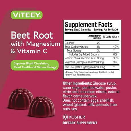 VITEEY - Viteey Beet Root Gummies with Magnesium & Vitamin C 60 Gomitas 2 Pack - The Red Vitamin MX - Suplementos Alimenticios - {{ shop.shopifyCountryName }}