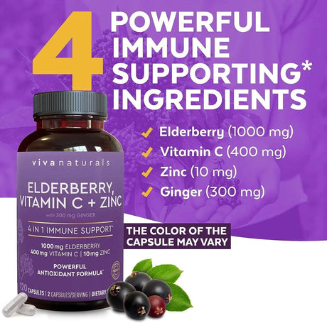 VIVA NATURALS - Viva Naturals 4-in-1 Daily Immune Support Elderberry 120 Capsulas - The Red Vitamin MX - Suplementos Alimenticios - {{ shop.shopifyCountryName }}