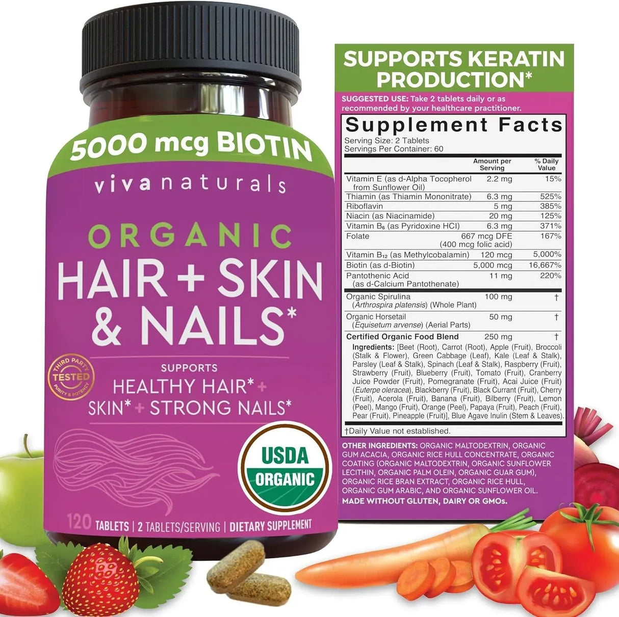 VIVA NATURALS - Viva Naturals Organic Biotin Vitamins for Hair Skin and Nails 120 Tabletas - The Red Vitamin MX - Suplementos Alimenticios - {{ shop.shopifyCountryName }}