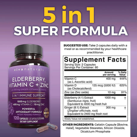 VIVA NATURALS - Viva Naturals Sambucus Elderberry 5in1 Immune Support 120 Capsulas - The Red Vitamin MX - Suplementos Alimenticios - {{ shop.shopifyCountryName }}