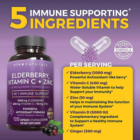VIVA NATURALS - Viva Naturals Sambucus Elderberry 5in1 Immune Support 120 Capsulas - The Red Vitamin MX - Suplementos Alimenticios - {{ shop.shopifyCountryName }}