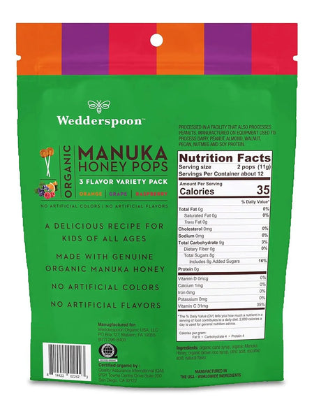 WEDDERSPOON - Wedderspoon Organic Manuka Honey Vitamin C Lollipops Variety Pack 24 Paletas - The Red Vitamin MX - Suplementos Alimenticios - {{ shop.shopifyCountryName }}