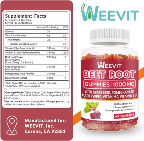 WEEVIT - Weevit Beet Gummies 1000Mg. 60 Gomitas - The Red Vitamin MX - Suplementos Alimenticios - {{ shop.shopifyCountryName }}