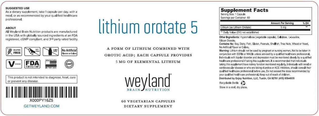 WEYLAND BRAIN NUTRITION - Weyland Brain Nutrition Lithium Orotate 5Mg. 60 Capsulas 3 Pack - The Red Vitamin MX - Suplementos Alimenticios - {{ shop.shopifyCountryName }}