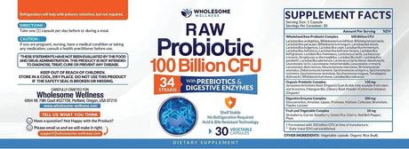 WHOLESOME WELLNESS - Wholesome Wellness Raw Probiotics 100 Billion CFU 30 Capsulas - The Red Vitamin MX - Suplementos Alimenticios - {{ shop.shopifyCountryName }}