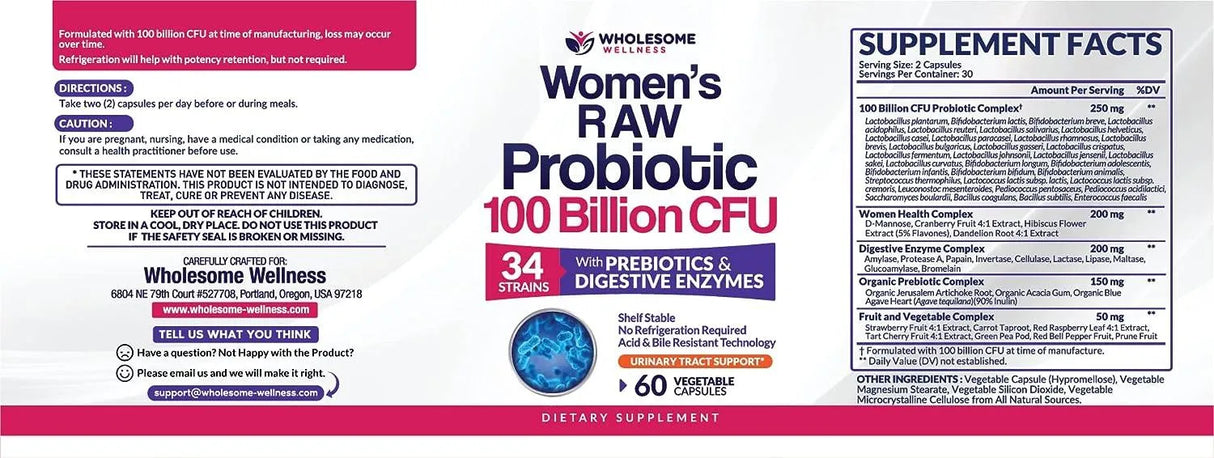 WHOLESOME WELLNESS - Wholesome Wellness Raw Probiotics for Women 100 Billion CFUs 60 Capsulas - The Red Vitamin MX - Suplementos Alimenticios - {{ shop.shopifyCountryName }}