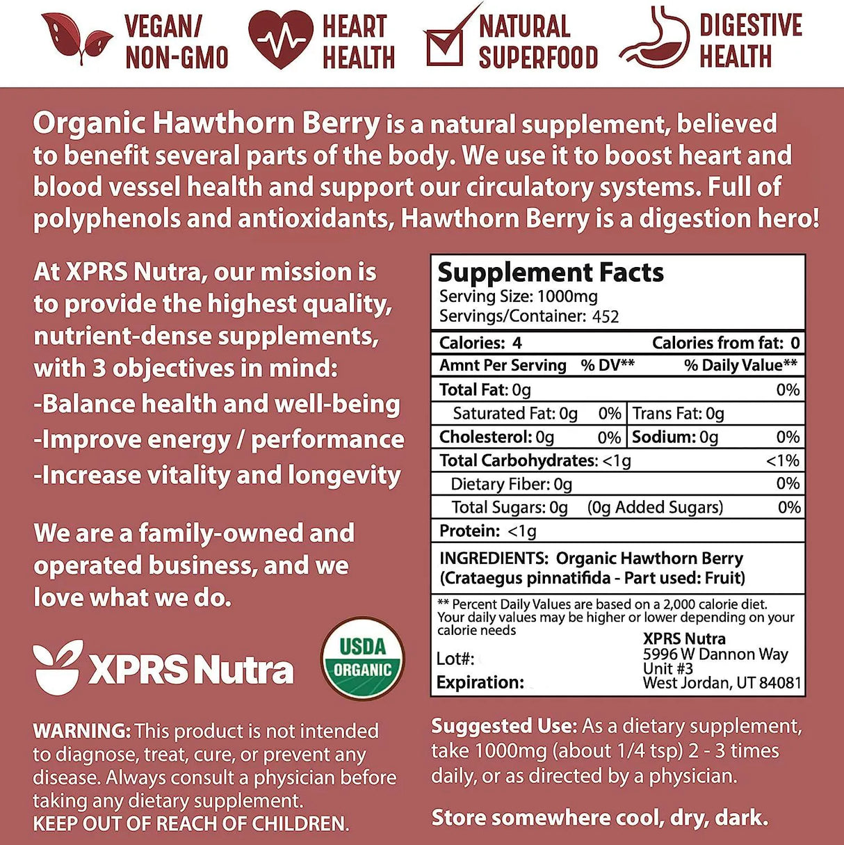 XPRS NUTRA - XPRS Nutra Organic Hawthorn Berry Powder 16 Oz. - The Red Vitamin MX - Suplementos Alimenticios - {{ shop.shopifyCountryName }}