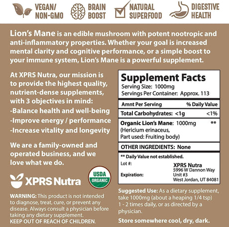 XPRS NUTRA - XPRS Nutra Organic Lion's Mane Powder 113Gr. - The Red Vitamin MX - Suplementos Alimenticios - {{ shop.shopifyCountryName }}