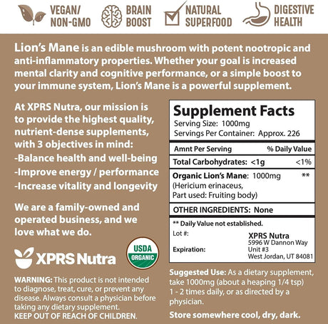 XPRS NUTRA - XPRS Nutra Organic Lion's Mane Powder 8 Oz. - The Red Vitamin MX - Suplementos Alimenticios - {{ shop.shopifyCountryName }}