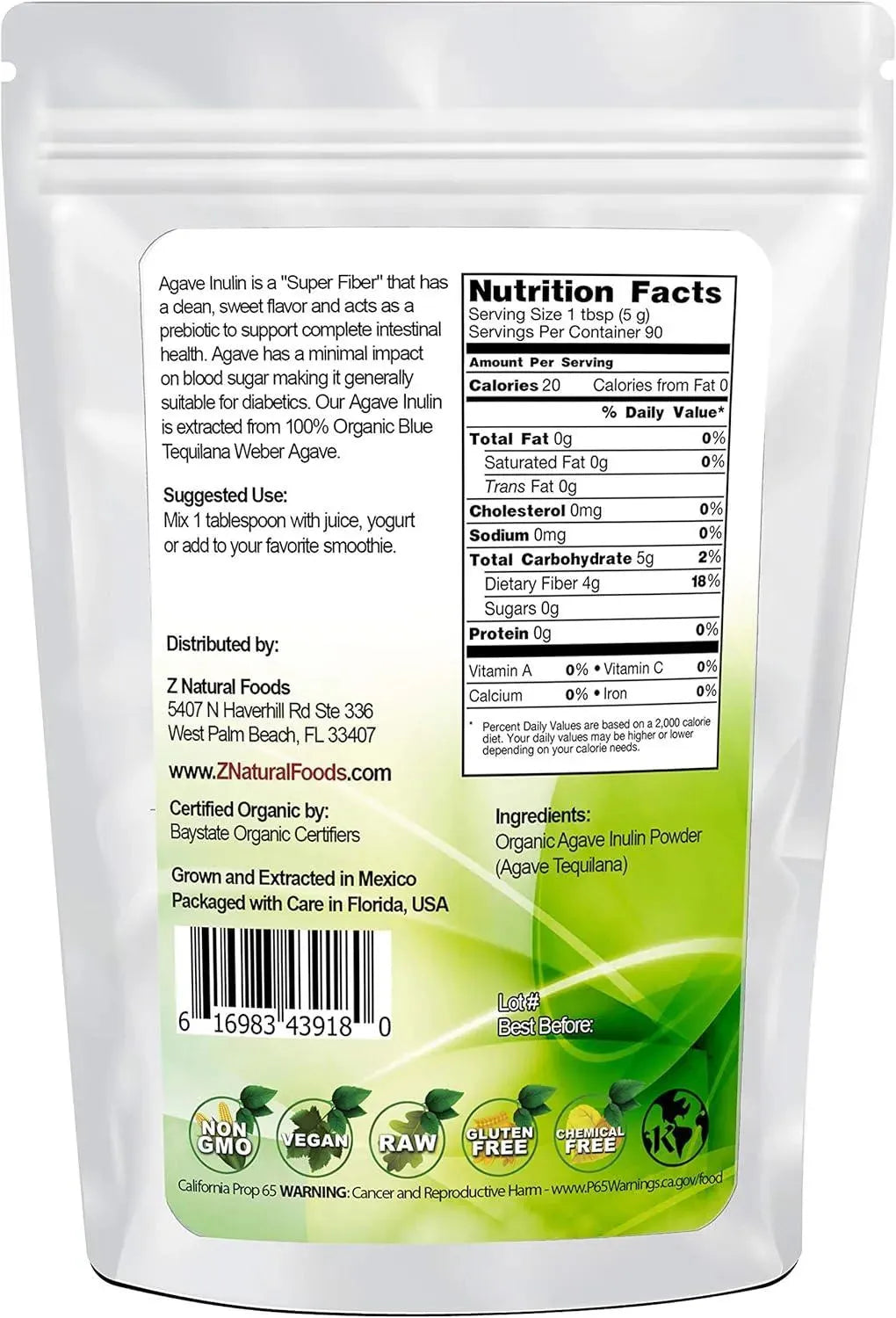 Z NATURAL FOODS - Z Natural Foods Organic Agave Inulin Powder 454Gr. - The Red Vitamin MX - Suplementos Alimenticios - {{ shop.shopifyCountryName }}