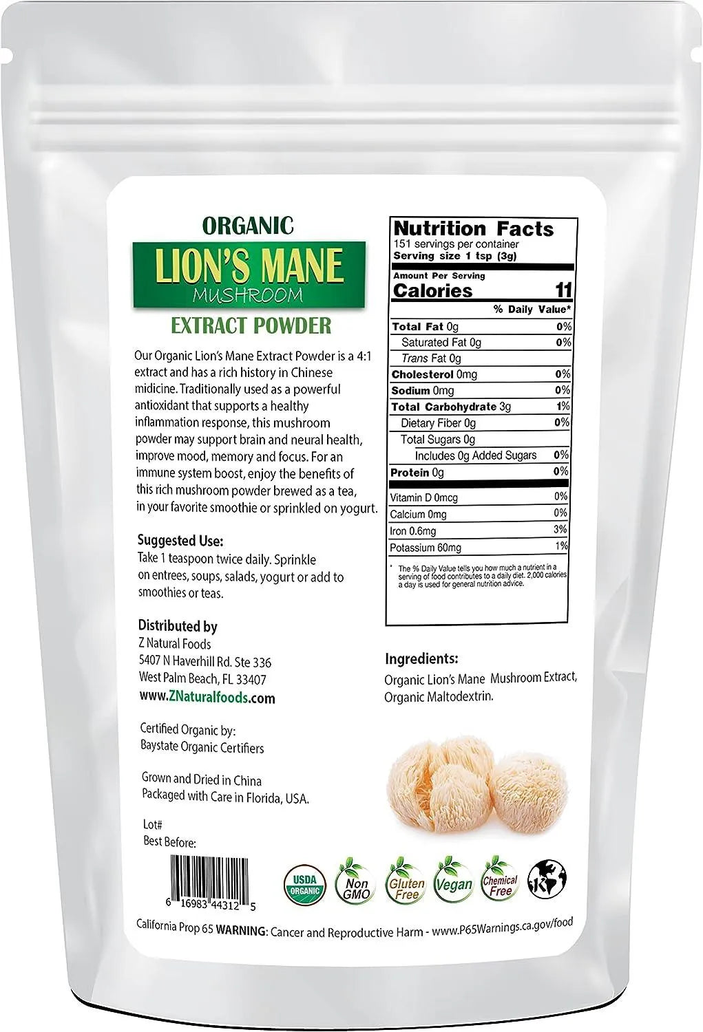 Z NATURAL FOODS - Z Natural Foods Organic Lion's Mane Mushroom Extract Powder 454Gr. - The Red Vitamin MX - Suplementos Alimenticios - {{ shop.shopifyCountryName }}