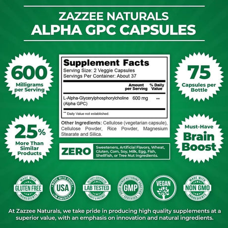 ZAZZEE NATURALS - Zazzee Alpha GPC Choline 300Mg. 75 Capsulas - The Red Vitamin MX - Suplementos Alimenticios - {{ shop.shopifyCountryName }}