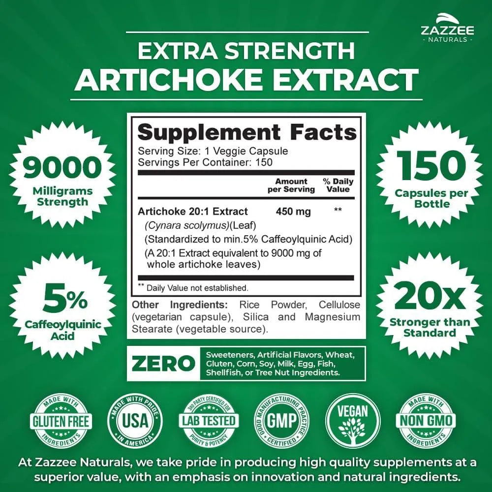 ZAZZEE NATURALS - Zazzee Extra Strength Artichoke 20:1 Extract 9000Mg. 150 Capsulas - The Red Vitamin MX - Suplementos Alimenticios - {{ shop.shopifyCountryName }}