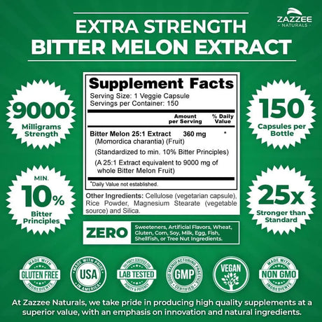 ZAZZEE NATURALS - Zazzee Extra Strength Bitter Melon 25:1 Extract 9000Mg. 150 Capsulas - The Red Vitamin MX - Suplementos Alimenticios - {{ shop.shopifyCountryName }}