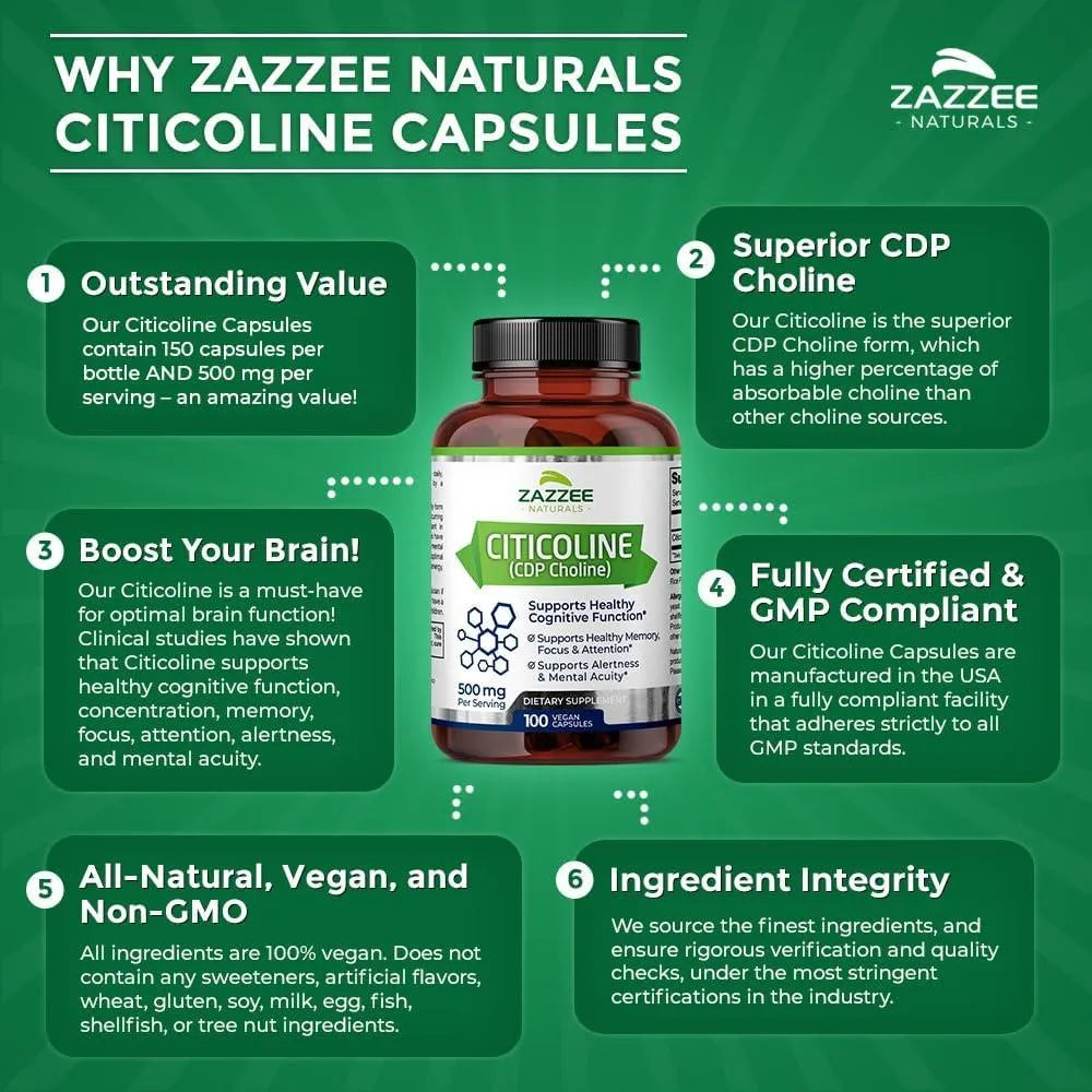 ZAZZEE NATURALS - Zazzee Extra Strength Citicoline 500Mg. 100 Capsulas - The Red Vitamin MX - Suplementos Alimenticios - {{ shop.shopifyCountryName }}