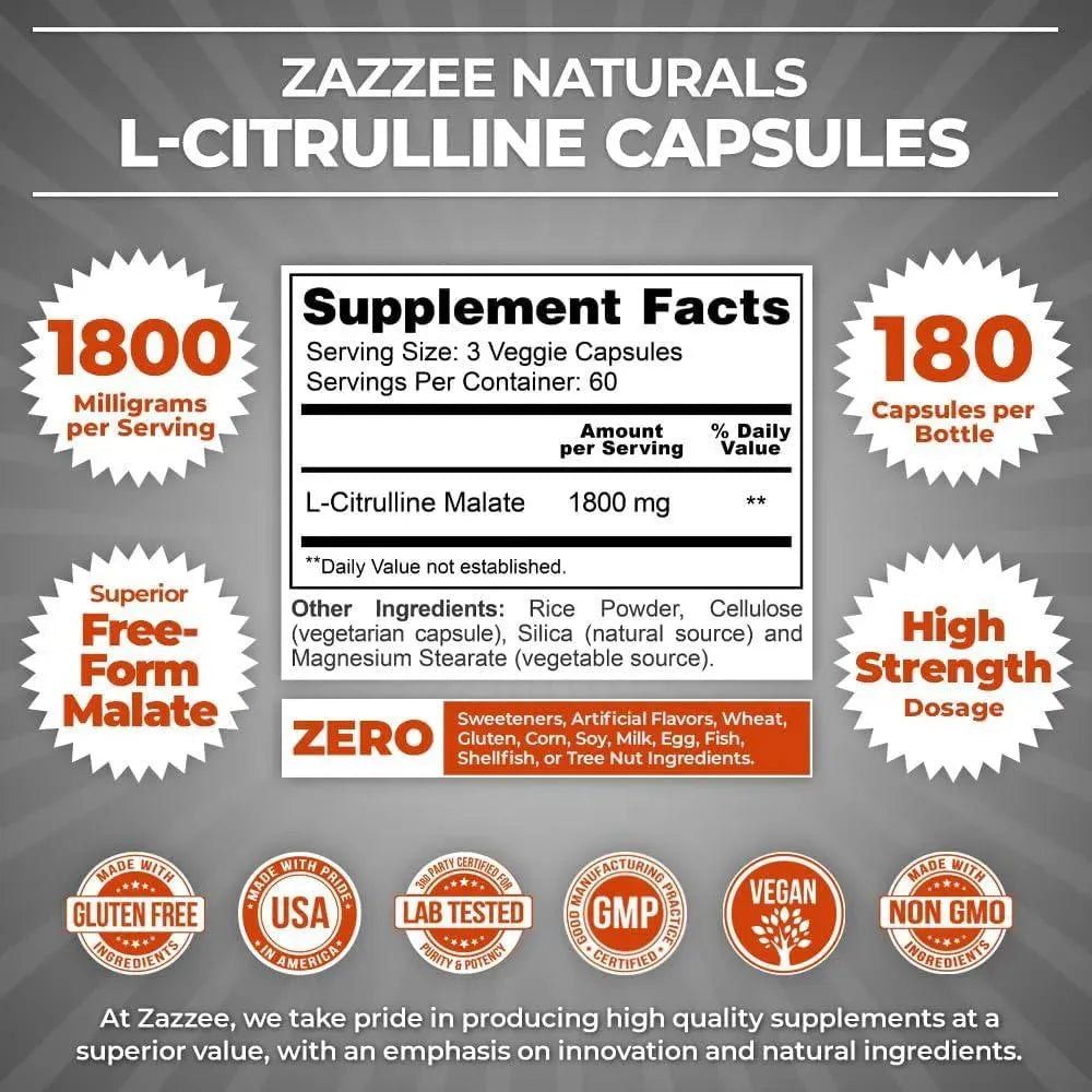 ZAZZEE NATURALS - Zazzee High Strength L-Citrulline Malate 1800Mg. 180 Capsulas - The Red Vitamin MX - Suplementos Alimenticios - {{ shop.shopifyCountryName }}