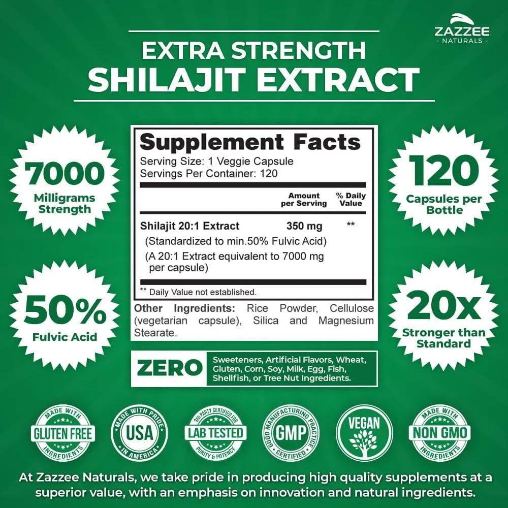 ZAZZEE NATURALS - Zazzee Naturals Extra Strength Shilajit 20:1 Extract 7000Mg. 120 Capsulas - The Red Vitamin MX - Suplementos Alimenticios - {{ shop.shopifyCountryName }}