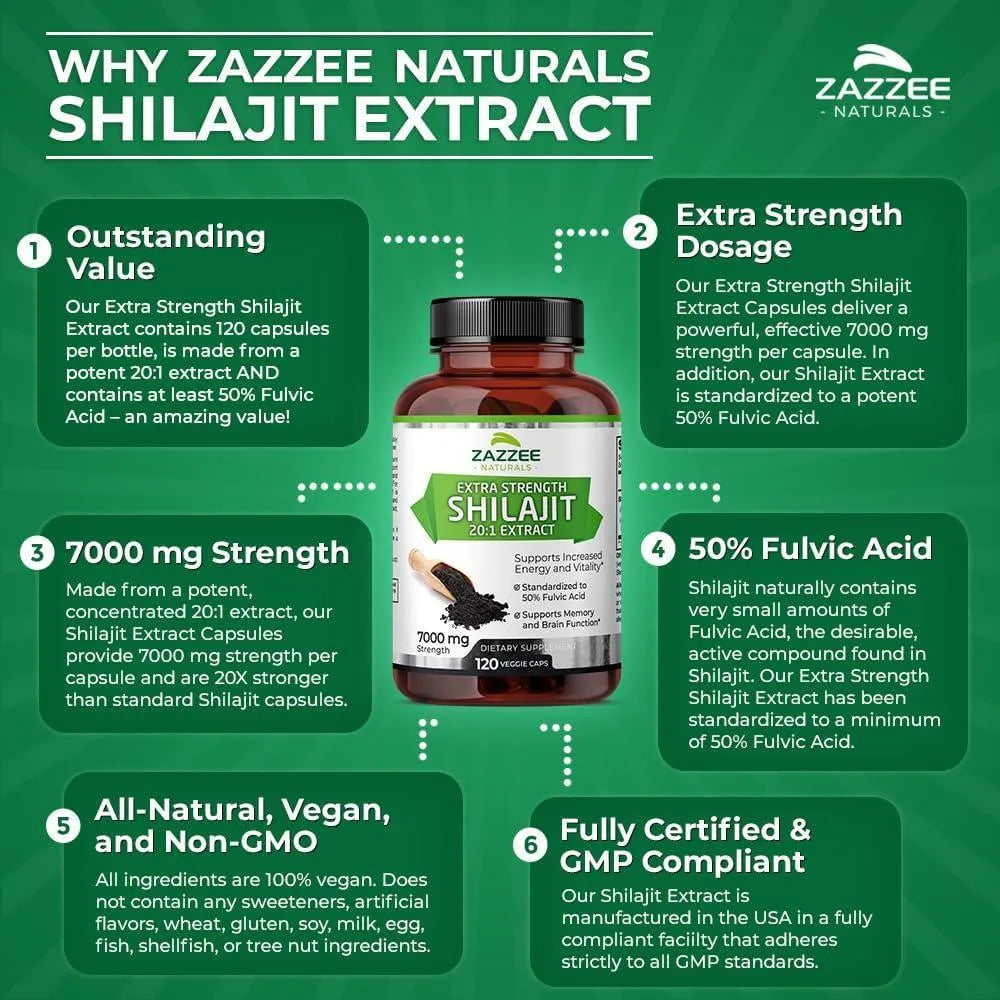 ZAZZEE NATURALS - Zazzee Naturals Extra Strength Shilajit 20:1 Extract 7000Mg. 120 Capsulas - The Red Vitamin MX - Suplementos Alimenticios - {{ shop.shopifyCountryName }}