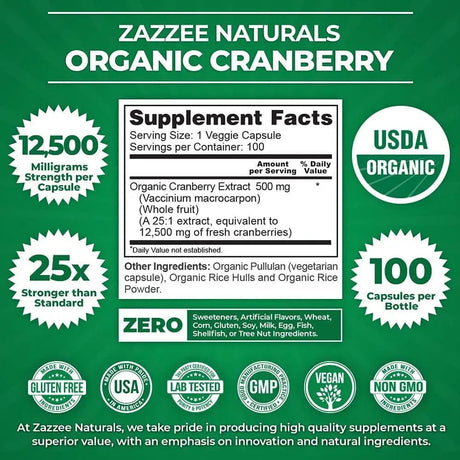 ZAZZEE NATURALS - Zazzee Naturals Organic Cranberry 25:1 Extract 12500Mg. 100 Capsulas - The Red Vitamin MX - Suplementos Alimenticios - {{ shop.shopifyCountryName }}