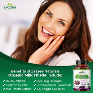 ZAZZEE NATURALS - Zazzee Naturals USDA Organic Milk Thistle 7500Mg. 120 Capsulas - The Red Vitamin MX - Suplementos Alimenticios - {{ shop.shopifyCountryName }}