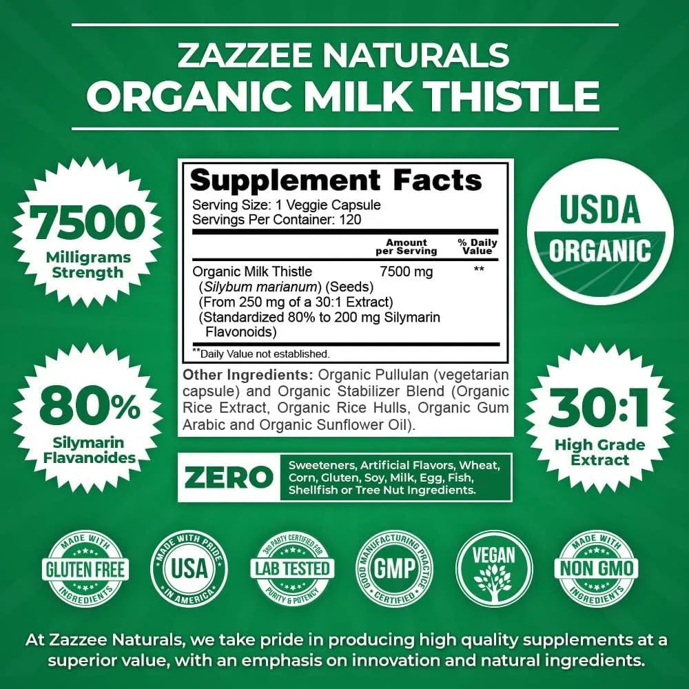 ZAZZEE NATURALS - Zazzee Naturals USDA Organic Milk Thistle 7500Mg. 120 Capsulas - The Red Vitamin MX - Suplementos Alimenticios - {{ shop.shopifyCountryName }}