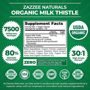 ZAZZEE NATURALS - Zazzee Naturals USDA Organic Milk Thistle 7500Mg. 120 Capsulas - The Red Vitamin MX - Suplementos Alimenticios - {{ shop.shopifyCountryName }}