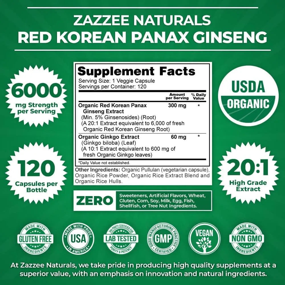 ZAZZEE NATURALS - Zazzee Naturals USDA Organic Red Korean Panax Ginseng 6000Mg. 120 Capsulas - The Red Vitamin MX - Suplementos Alimenticios - {{ shop.shopifyCountryName }}