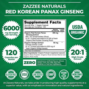 ZAZZEE NATURALS - Zazzee Naturals USDA Organic Red Korean Panax Ginseng 6000Mg. 120 Capsulas - The Red Vitamin MX - Suplementos Alimenticios - {{ shop.shopifyCountryName }}