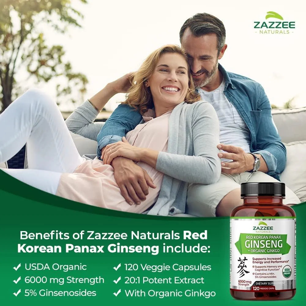 ZAZZEE NATURALS - Zazzee Naturals USDA Organic Red Korean Panax Ginseng 6000Mg. 120 Capsulas - The Red Vitamin MX - Suplementos Alimenticios - {{ shop.shopifyCountryName }}