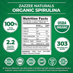 ZAZZEE NATURALS - Zazzee Naturals USDA Organic Spirulina Powder 1Kg. 303 Servicios - The Red Vitamin MX - Suplementos Alimenticios - {{ shop.shopifyCountryName }}