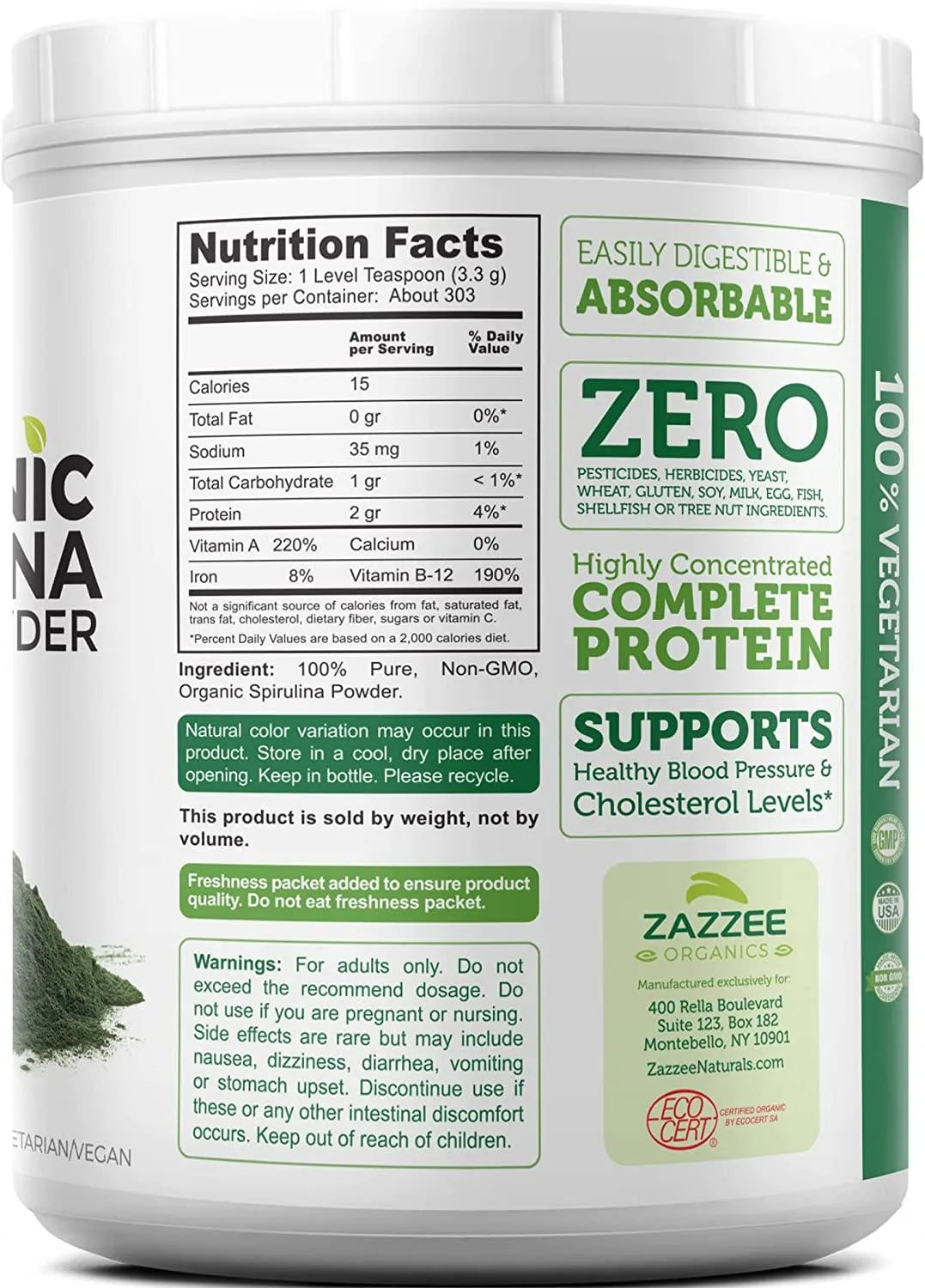 ZAZZEE NATURALS - Zazzee Naturals USDA Organic Spirulina Powder 1Kg. 303 Servicios - The Red Vitamin MX - Suplementos Alimenticios - {{ shop.shopifyCountryName }}