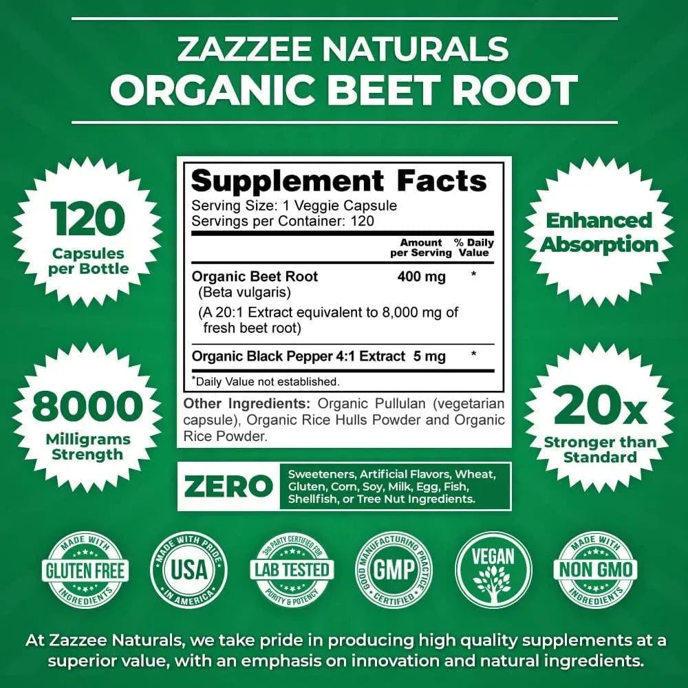ZAZZEE NATURALS - Zazzee USDA Organic Beet Root 20:1 Extract 8000Mg. 120 Capsulas - The Red Vitamin MX - Suplementos Alimenticios - {{ shop.shopifyCountryName }}