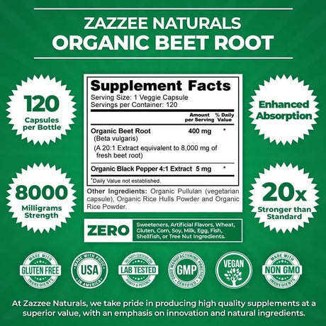 ZAZZEE NATURALS - Zazzee USDA Organic Beet Root 20:1 Extract 8000Mg. 120 Capsulas - The Red Vitamin MX - Suplementos Alimenticios - {{ shop.shopifyCountryName }}