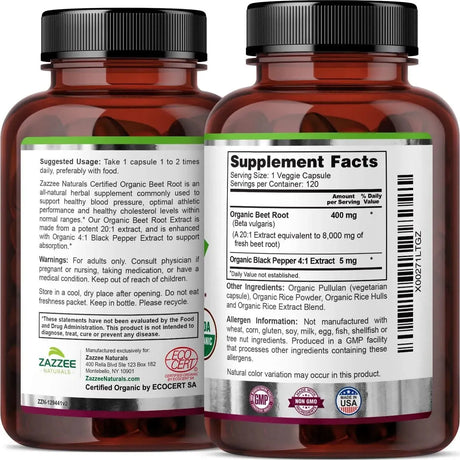 ZAZZEE NATURALS - Zazzee USDA Organic Beet Root 20:1 Extract 8000Mg. 120 Capsulas - The Red Vitamin MX - Suplementos Alimenticios - {{ shop.shopifyCountryName }}