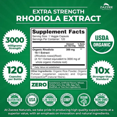 ZAZZEE NATURALS - Zazzee USDA Organic Rhodiola 10:1 Exract 3000Mg. 120 Capsulas - The Red Vitamin MX - Suplementos Alimenticios - {{ shop.shopifyCountryName }}